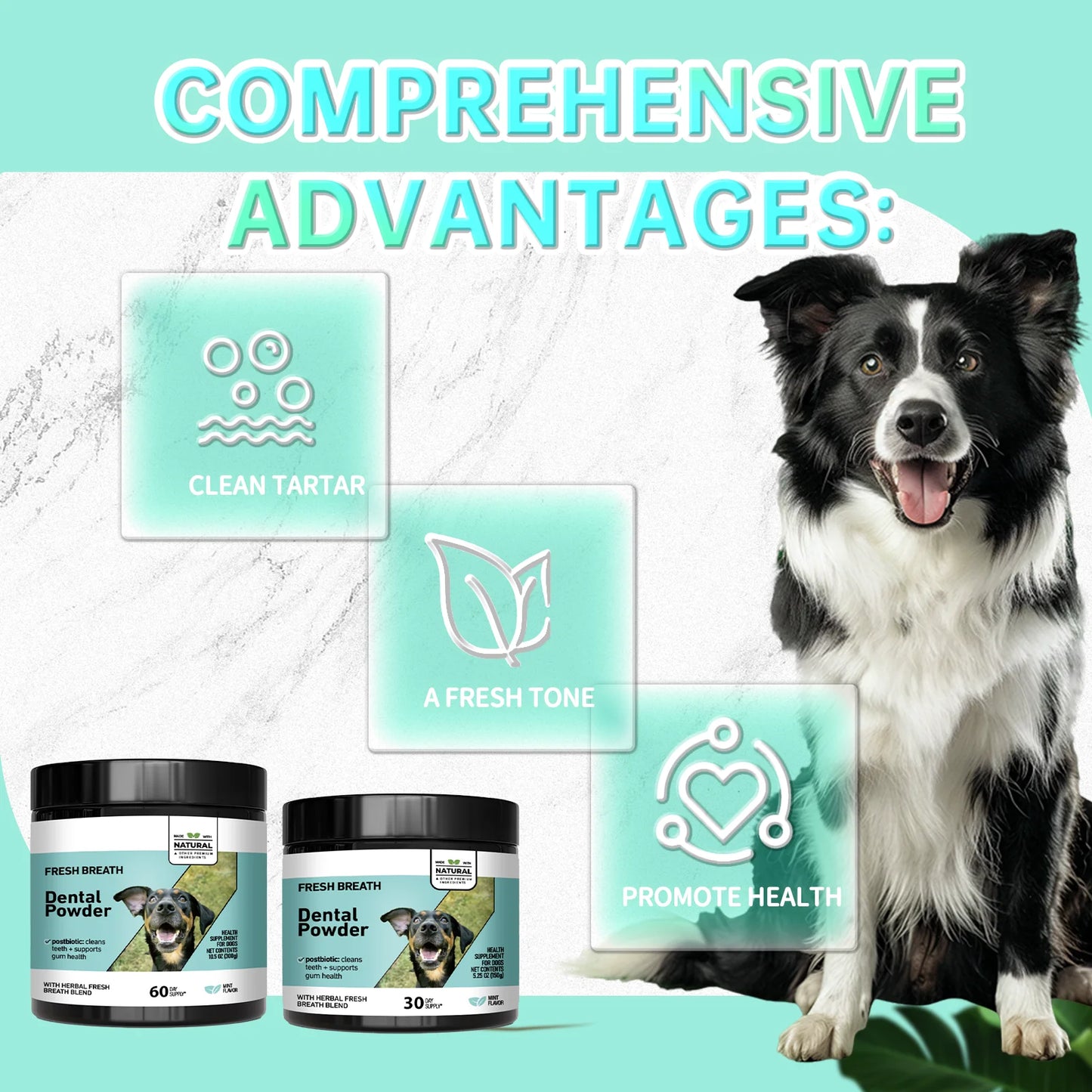 Natural Dog Cat Dental Care Powder - Mint Flavored Teeth Cleaning Formula Freshens Breath & Prevents Tartar Formation for Pets.