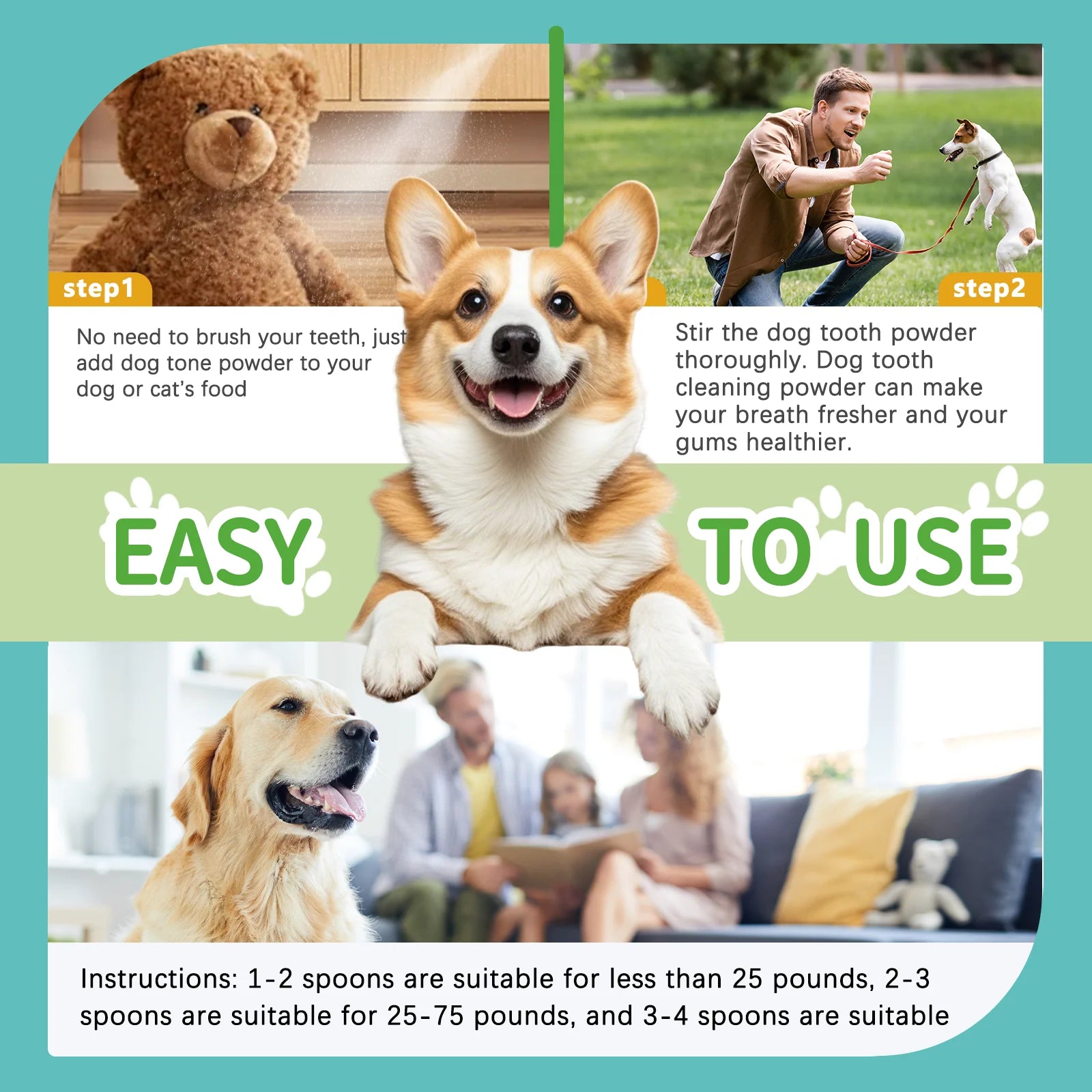 Natural Dog Cat Dental Care Powder - Mint Flavored Teeth Cleaning Formula Freshens Breath & Prevents Tartar Formation for Pets.