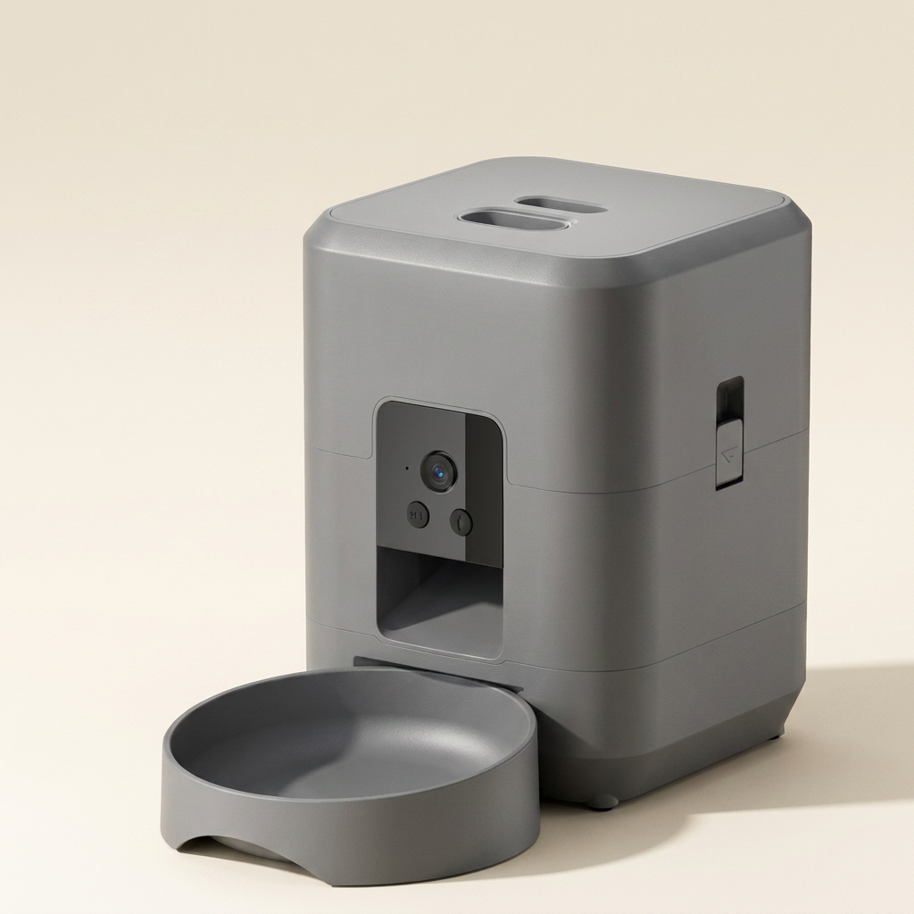 Smart pet feeder with camera and bowl on a cream background