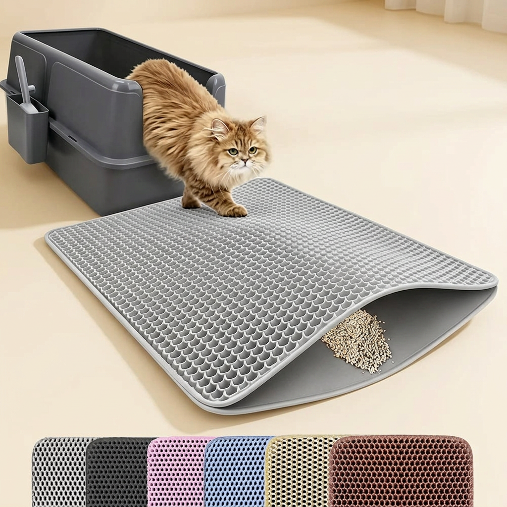 Cat stepping from litter box onto grey honeycomb litter trapping mat