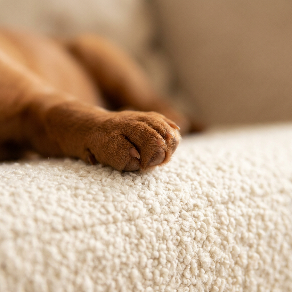 Close-up of a sleeping puppy paw resting on plush cream fabric