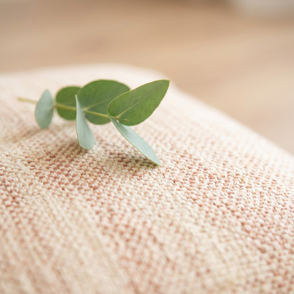 Close-up of natural woven pet fabric with a eucalyptus sprig