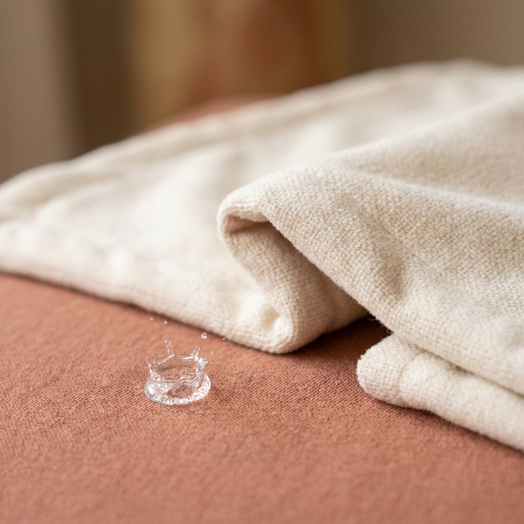 Folded clean pet blanket beside water beading on water-resistant fabric